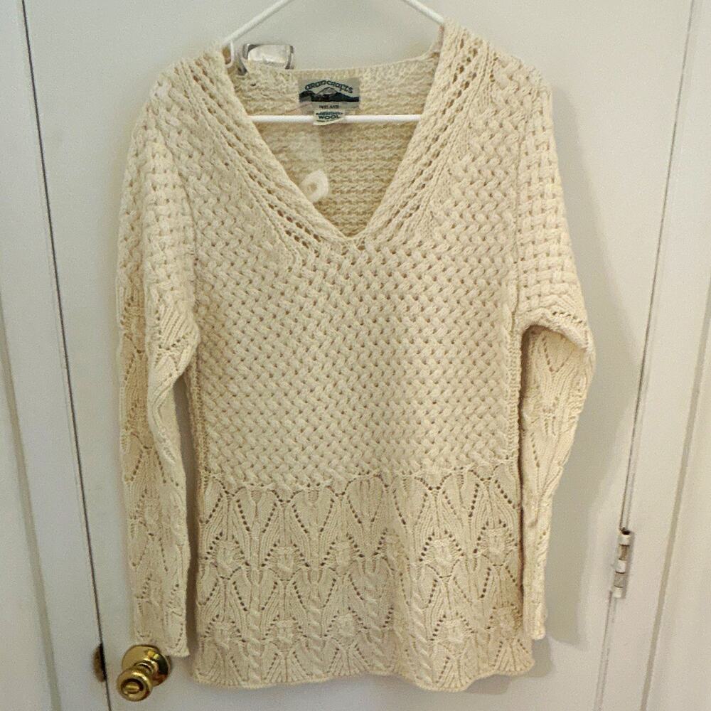 Aran Crafts 100% Merino Wool Beige Cable Knit V-Neck Pullover Sweater XS
